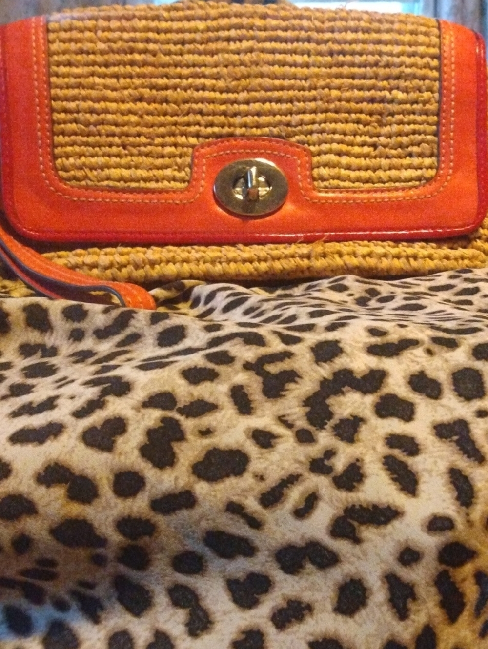 Coach Woven Straw Clutch with Coral Trim